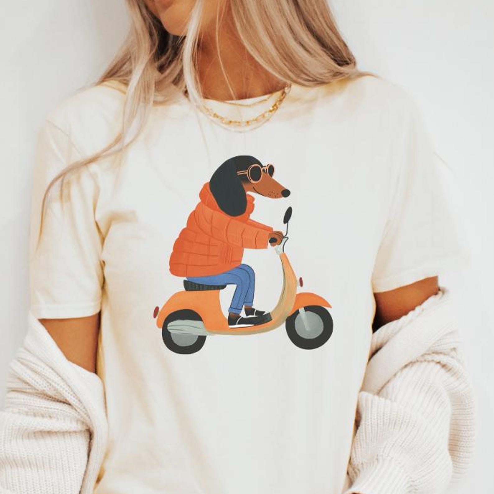 Cool Dachshund Dog Riding Scooter TShirt, Funny Dog Lover Gift Tee, Graphic Dog Tee for Men , Cute Animal TShirt, Casual Dog Shirt 130