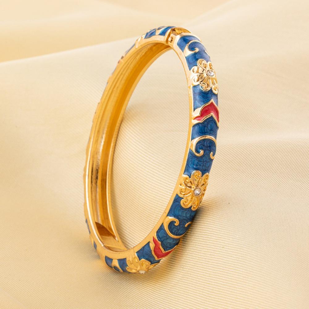 New Colorful Bangle Bracelet Gold Plated Chinese Style Enamel Flower Bracelet Elegant Handmade Cuff Bracelet Women