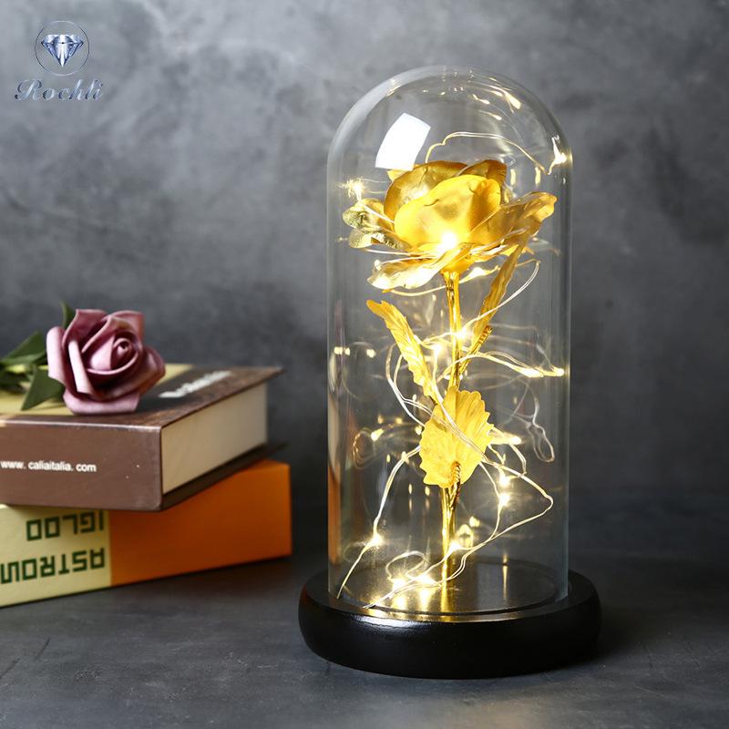 Gold Foil Rose Eternal Flower Glass Cover Gift for Valentine's Day, Christmas, New Year