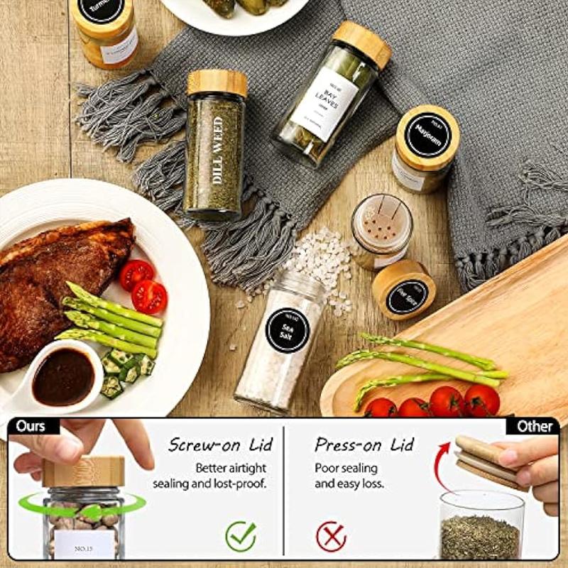 Pots à épices avec couvercles en bambou Étiquettes de pots à épices ronds en verre de 4 oz Étiquettes d'épices de ferme minimalistes Autocollants Entonnoir pliable