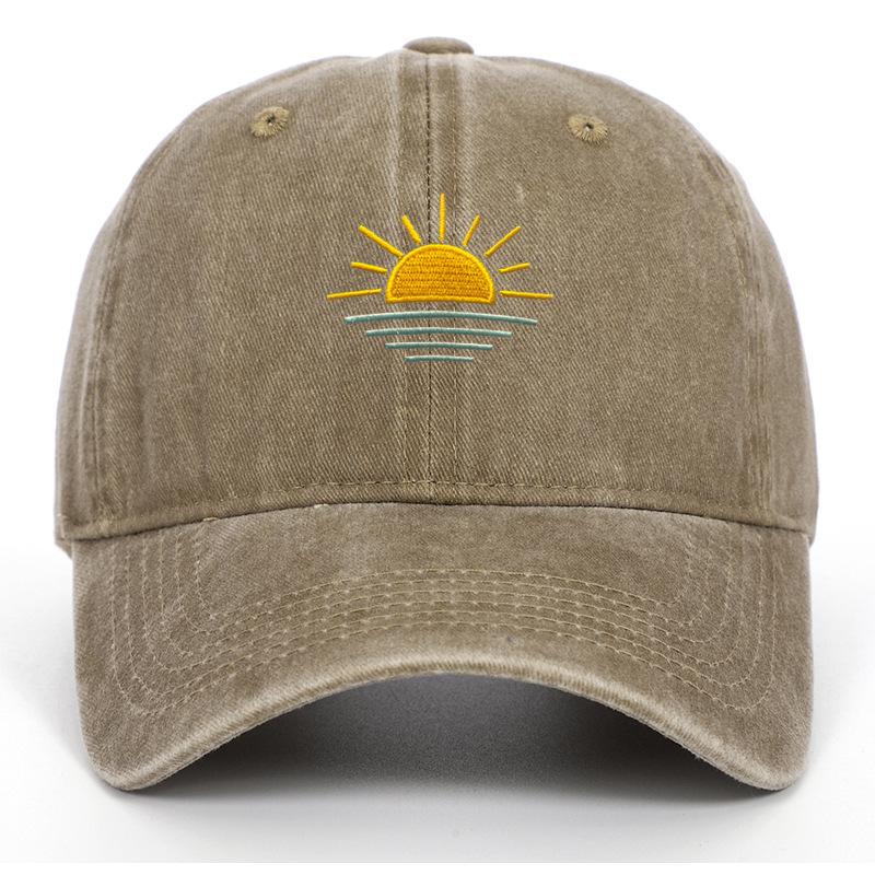Unisex Vintage Washed Baseball Cap - Embroidered Beach Sunrise, Breathable & Sun Protective for Summer Outdoor Activities