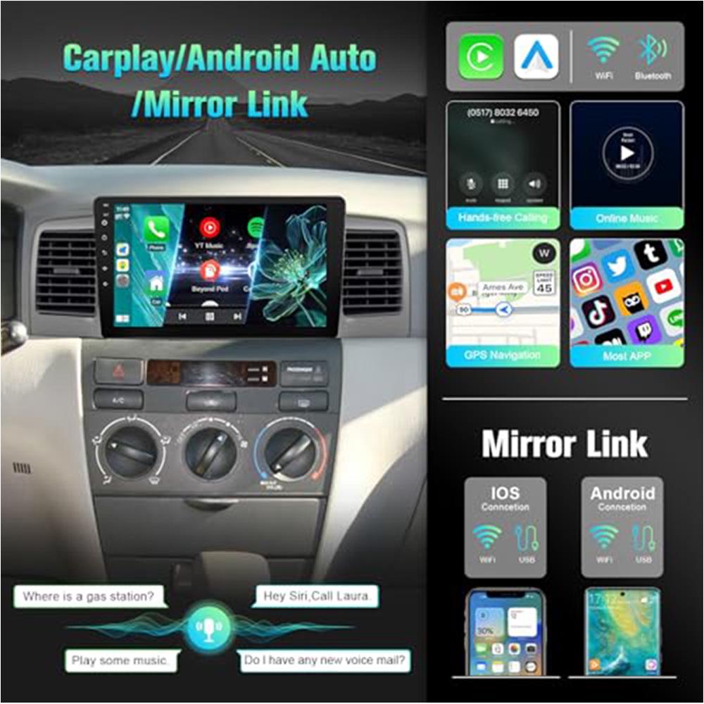 9" Drahtloses CarPlay Android Autoradio, 2+32G, Kompatibel mit Toyota Corolla 2003-2008