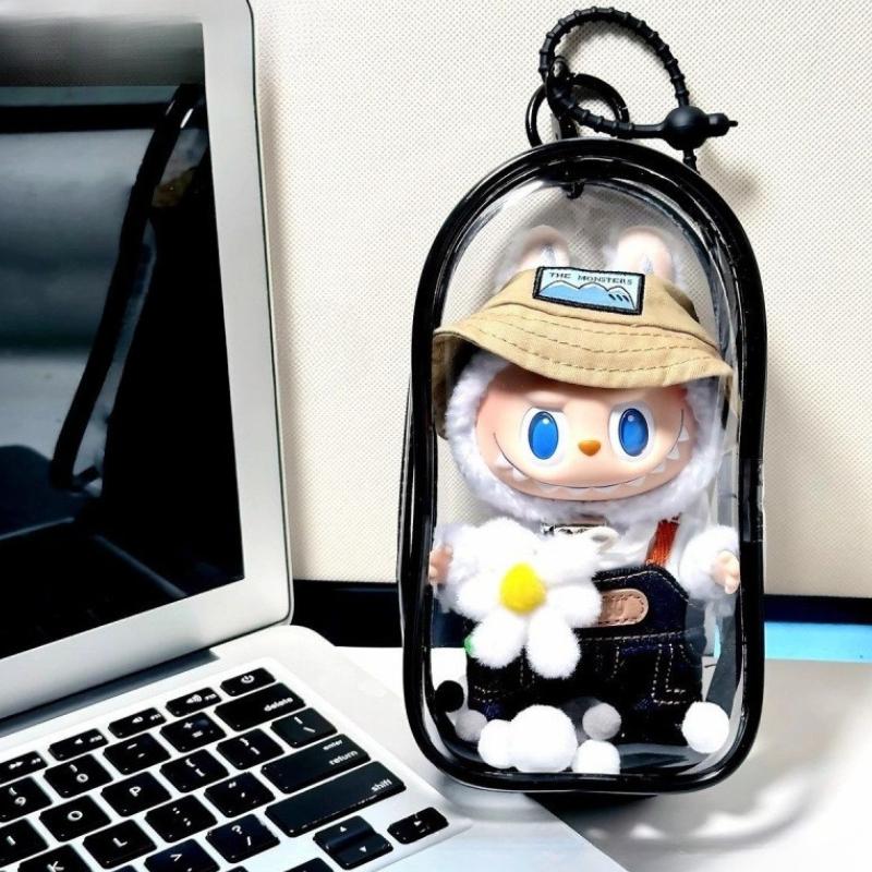 Clear Hard Case Organizer for Labubu Plush Dolls - Anti-Scratch Display Bag with Keychain Durable Travel Storage Box Accessories