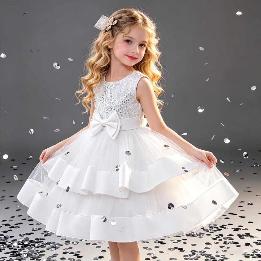 

Girls New Style Double Layer Mesh Lace Bow Party Evening Dress Princess Performance Outfit 150cm білий