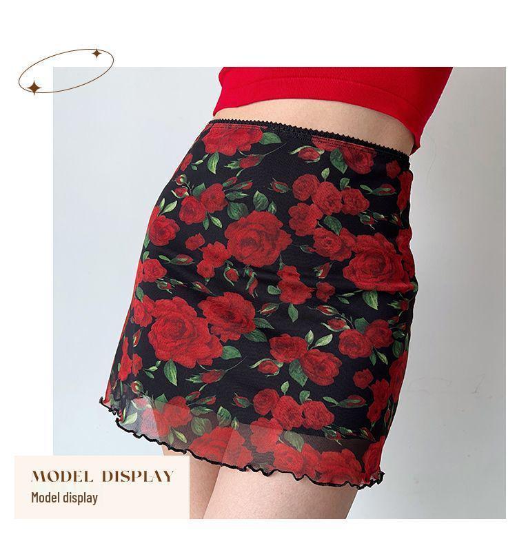 American Spicy Girl Rose Print Mesh High-Waisted Bodycon Mini Skirt for Women