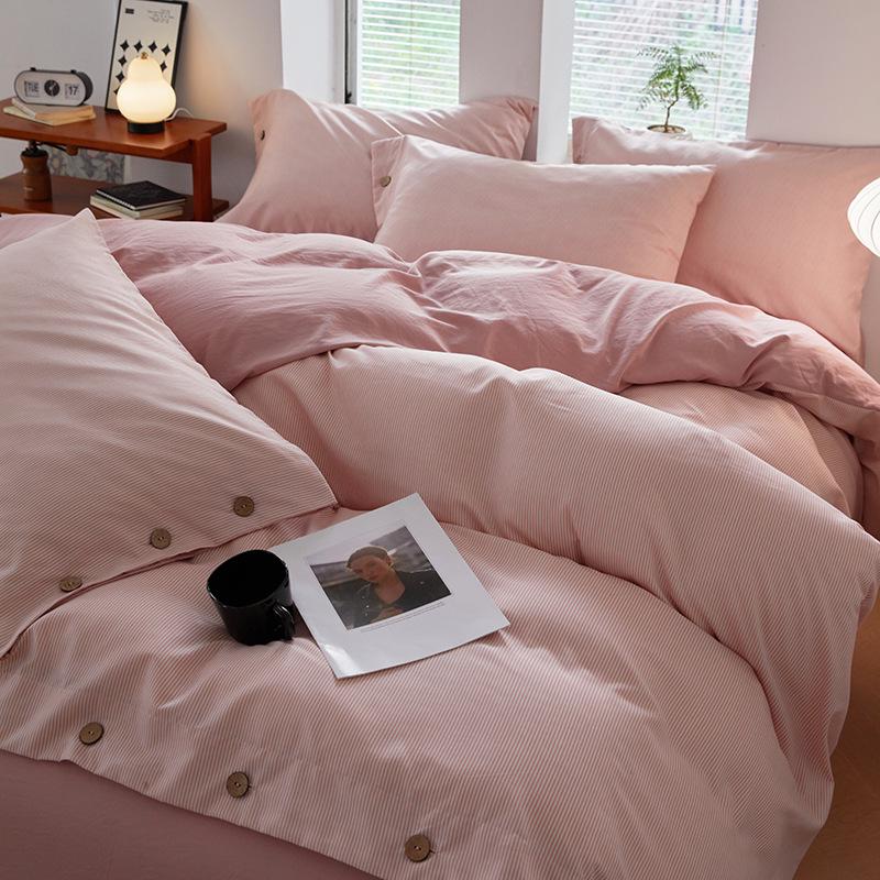 Retro Japanese Style Washable Cotton Bedding Set - Plain Stripe, Button Design, 3-Piece