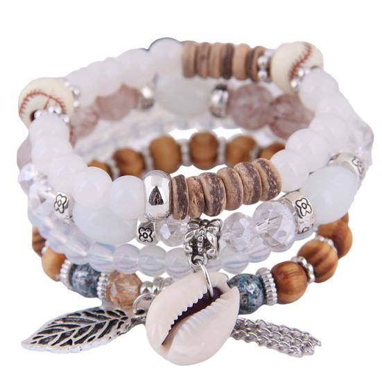 4Pcs/Set Bohemian Women Cowrie Shell Leaf Charm Candy Beaded Elastic Bracelet