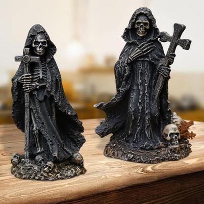 Grim Reaper Statue Halloween Black Horror Robe Sculpture Gothic Resin Santa Muerte