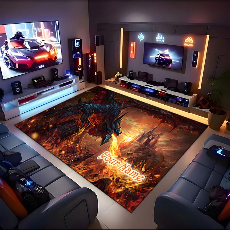 1PC Custom Name "Dragon's Fiery Castle" Theme Floor Mat Ideal for Living Room, Game Rooms, Office, Bedroom,Floor Mat Playful Design