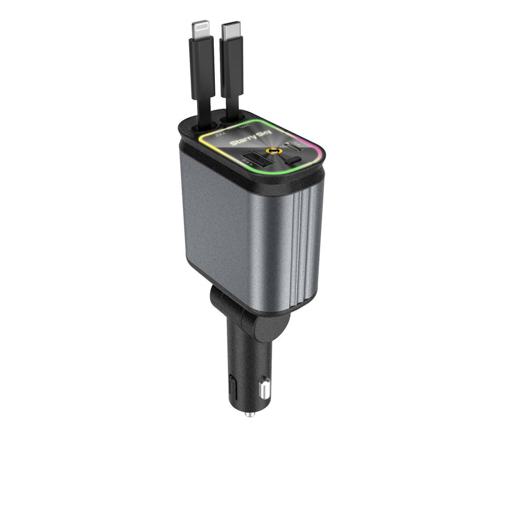 2024 Starry Sky LED Fast Car Charger with Retractable Cables - USB/Type-C/iOS Universal Compatibility