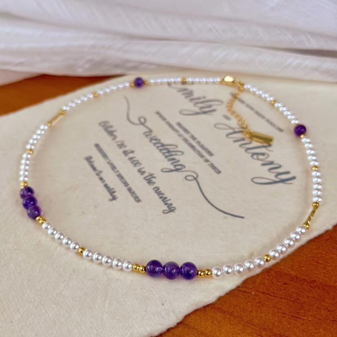 

Retro Natural Royal Amethyst With Shijia Cold White Pearl Necklace Female Gypsy Collarbone Chain