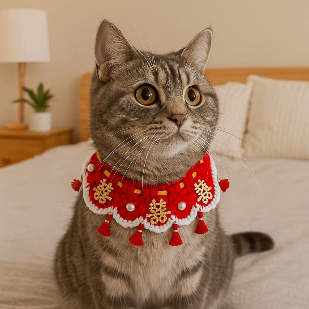 Lace-up Style Cat Hand-knitted Scarf Adjustable Pet Saliva Towel Cat Knit Collar  Take Photos