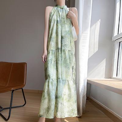 Chinese Style Printed Neck Halter Dress for Women Mid-length Summer New French Loose Slim and Gentle Fairy Skirt