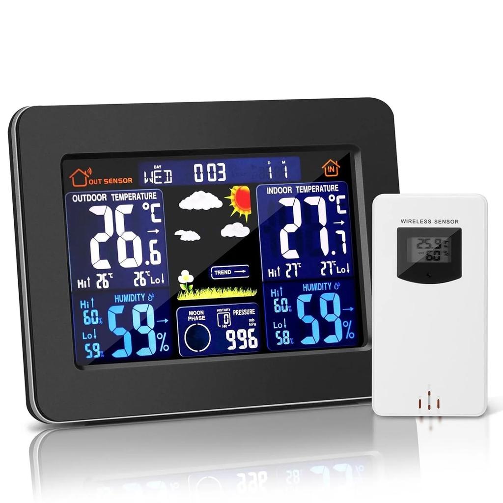 Wireless temperature and humidity meter weather clock home thermometer weather station LCD wall mounted large color screen