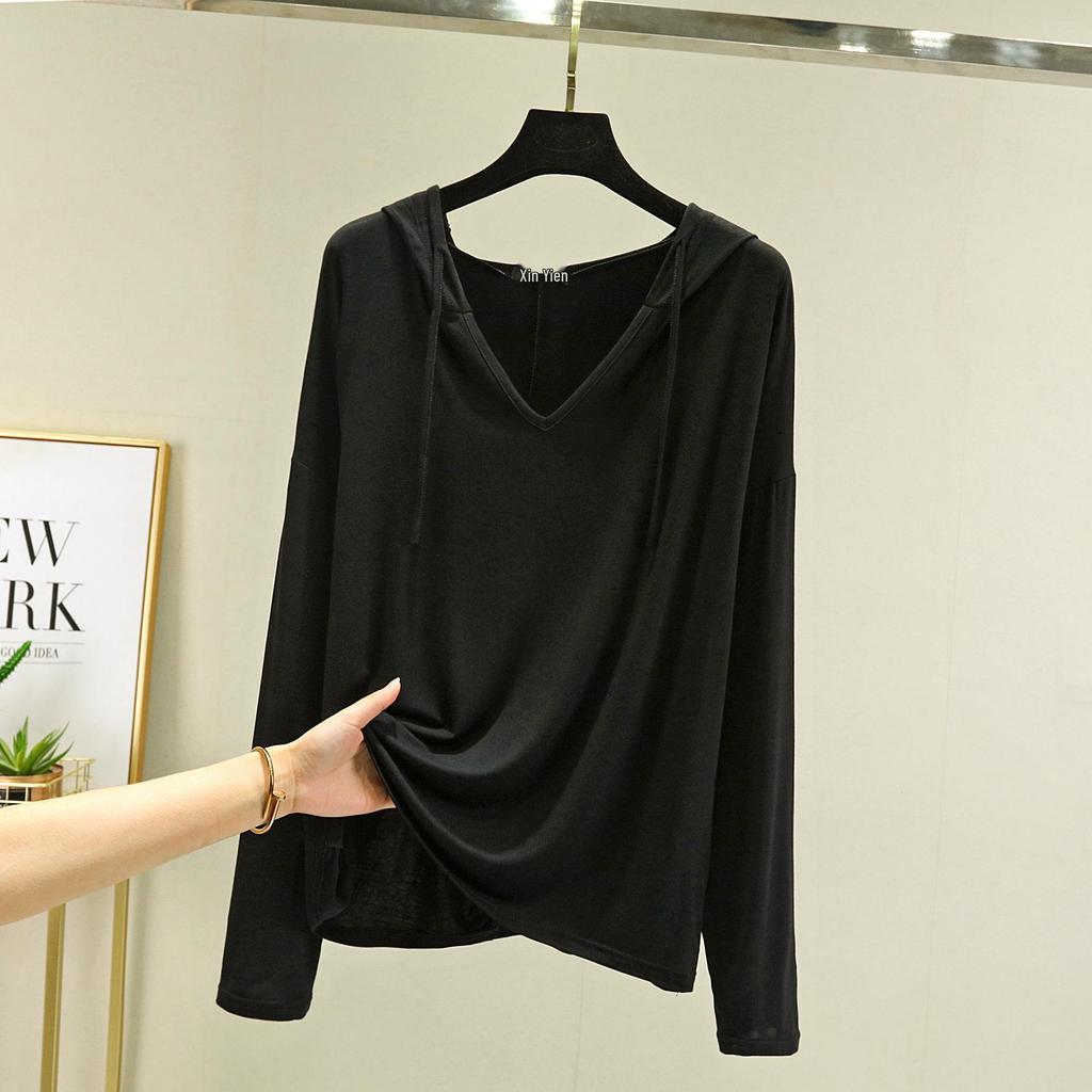 Plus Size Women's Long-Sleeve Modal T-Shirt - Hooded, Solid Color, Sun Protection, Lightweight for Spring/Summer