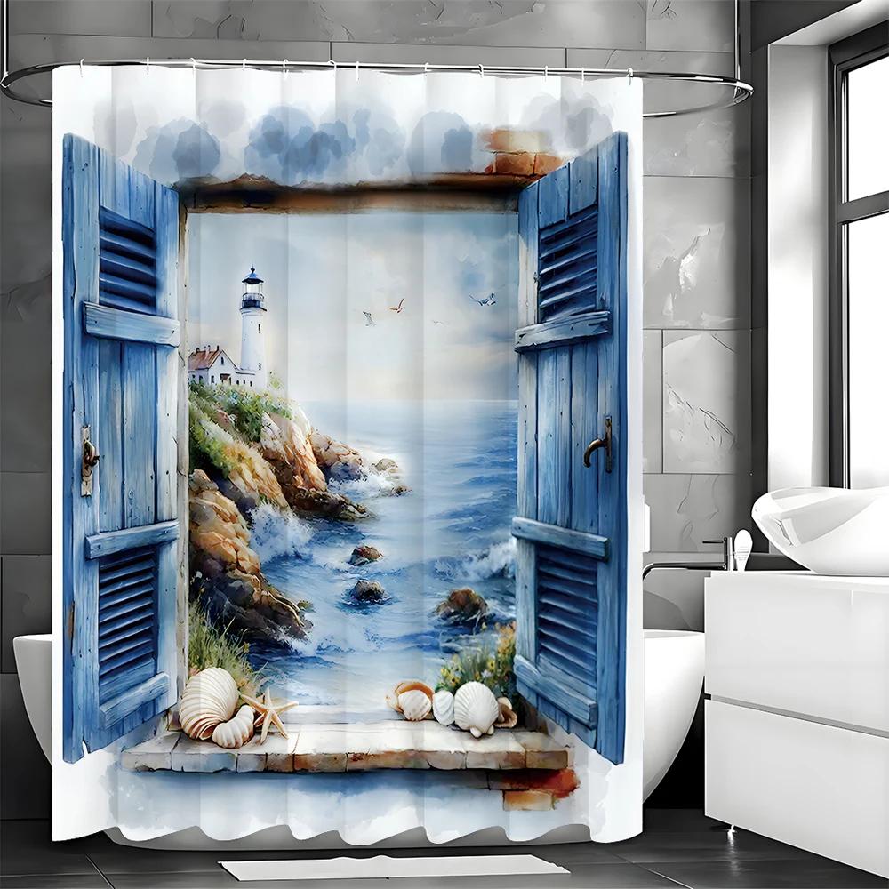 Tenda da Doccia Blu Acquerello Finestra Oceano Montagna Faro Conchiglia, Tenda da Doccia Decorativa per Bagno, Tenda da Doccia Impermeabile