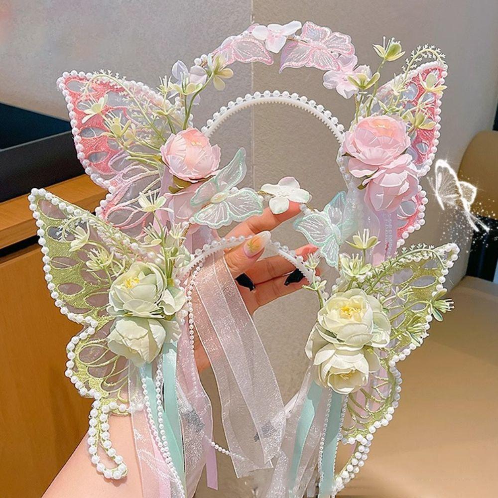 Fresh Sweet Butterfly Flowers Hairband Silk Ribbon Pearl Beads Floral Headwear Fairy Hair Jewelry Decorative Headwear Women Wear