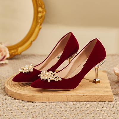 Xiuhe Wedding Dress Two Wear Dress High Heels Rhinestone Toast Shoes Taoyao Wedding Shoes Women's Red Suede Bride Shoes Chinese Style