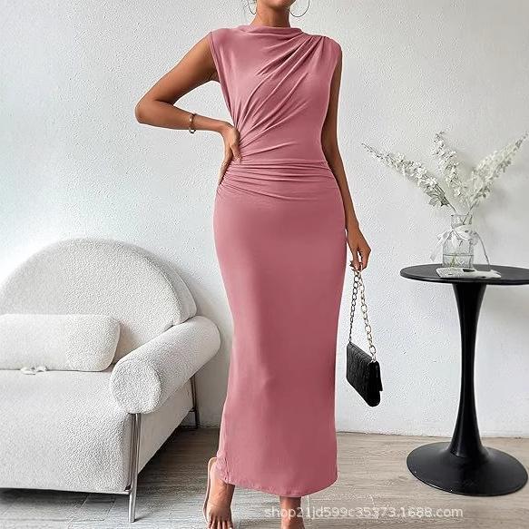 Sleeveless Back-slit Pleated Fitted Dress Women's Fashionable Elegant Tank Dress Suitable for Commuting Dates Formal Occasions