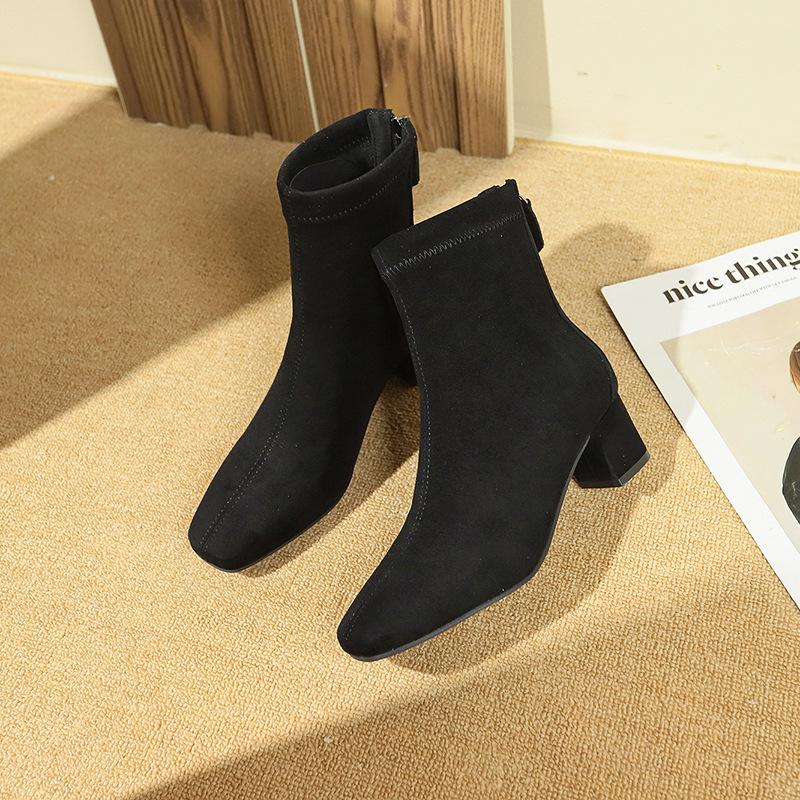 Retro High-heeled Suede Square Head Thin Short Boots Women's Shoes Spring and Autumn 2025 New Korean Small Ankle Boots Martin Boots