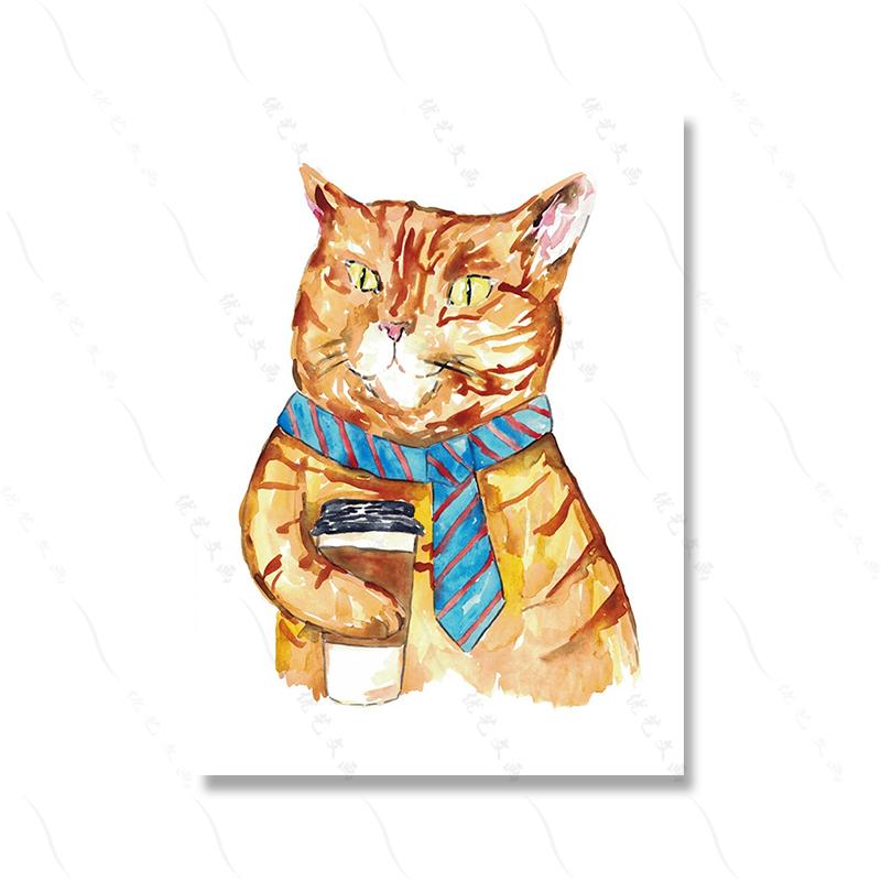 Cat Drinking Coffee Wine Painting Wall Poster Watercolor Art Print Funny Nursery Kitchen Canvas Cute Animal Room Home Decor