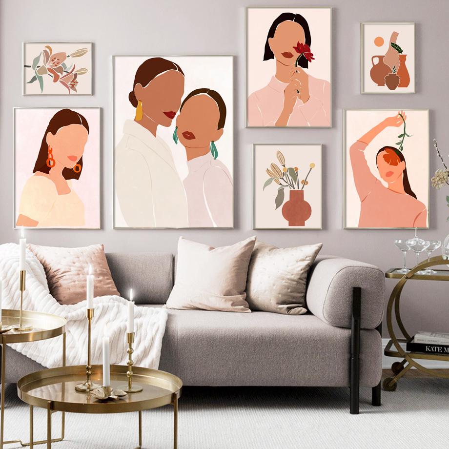 

Vintage Fashion Flower Girls Abstract Minimalist Wall Art Painting Posters and Prints Wall Picture for Living Room