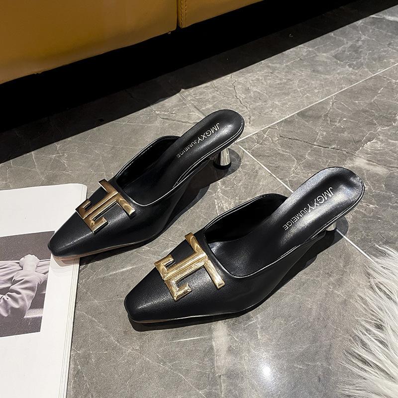 

Туфли Muller французские нежные полутапочки темпераментные одиночные туфли 2024 новые толстые каблуки с острым носком тапочки-мешки женские весенние наряды 34 чёрный