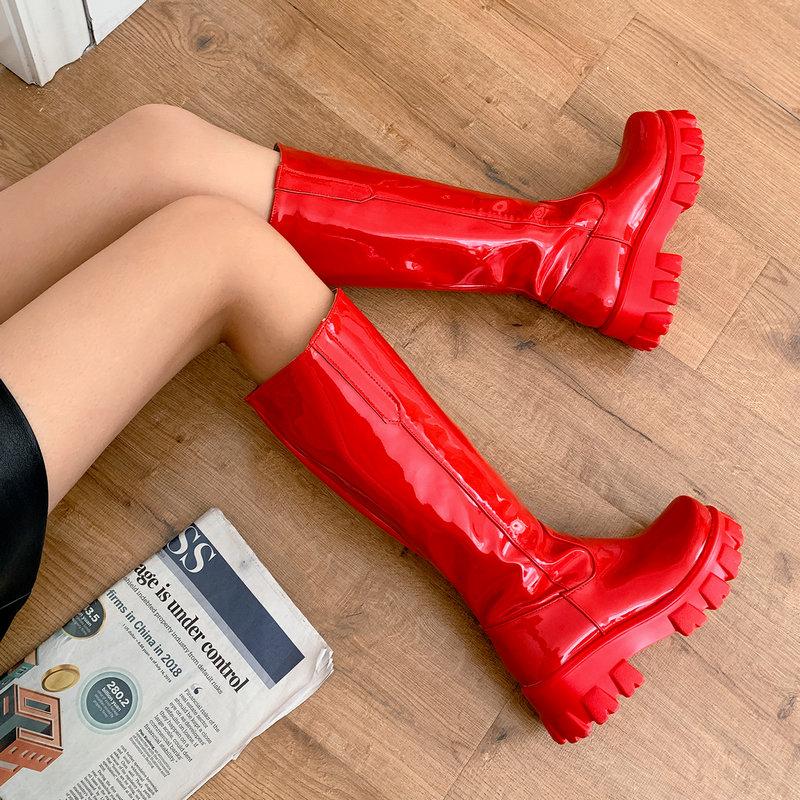 Buy Patent Pu Leather Women Knee High Boots Platform Square Heel Women