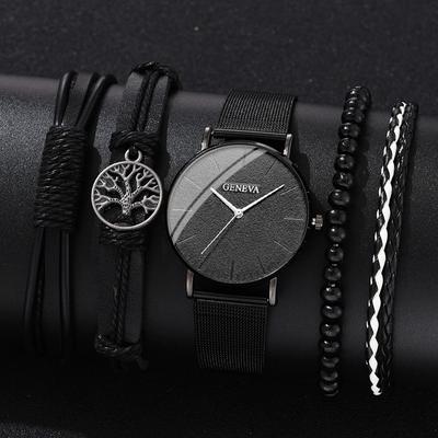 5pcs/set Fashion Men's Simple Round Quartz Watch and Bracelet Set, Men's Gift Choice