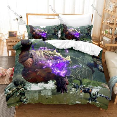 Cool Monster Hunter Rise Merch 3PCS Bedding Duvet Cover With 2 Pillowcases Washable Zipper Gaming Bed Cover