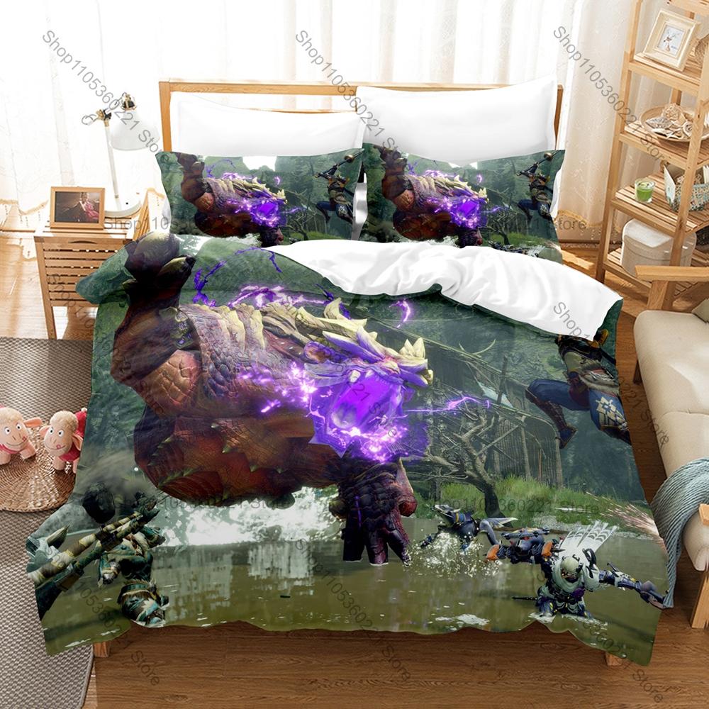 Monster Hunter Rise Merch 3-delat Sängkläder Påslakan Med 2 Örngott Tvättbar Dragkedja Spel Sängöverkast
