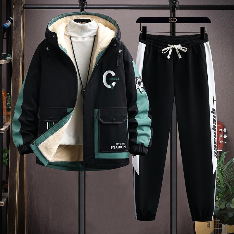 Winter Fleece Thicken Casual Tracksuit Sets Trend Hooded Patchwork Set Autumn Warm Sportswear Jacket Trousers Suits