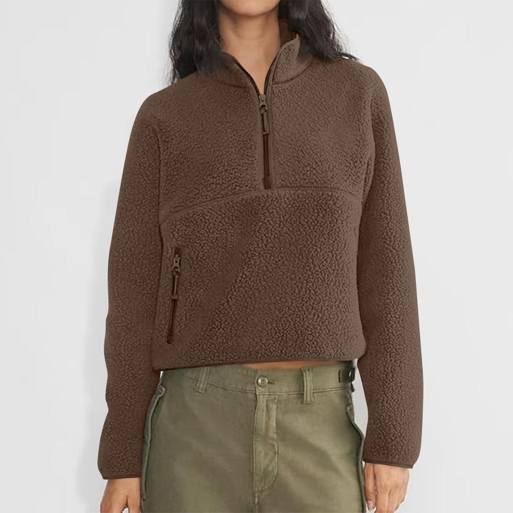 Women's Short Half-Zip Fleece Sweatshirt Plush Warm Cardigan