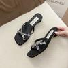French Square Head Mid-heel Shoes Women's Roman Sandals 2025 Summer New Wear Cross Rhinestone Slippers Cool Slippers