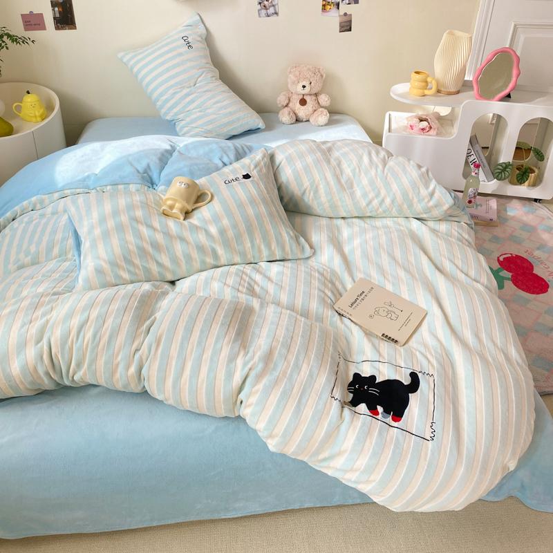 Small Fresh Skin-friendly and Comfortable Cartoon Wind Milk Fleece Striped Sticker Embroidery Four-piece Set