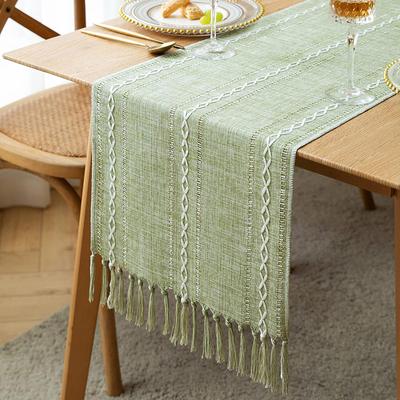 Green Table Runners Boho Rustic Tassels Farmhouse Braided Striped Cotton Linen For Dining Party Holiday Wedding Table Decoration