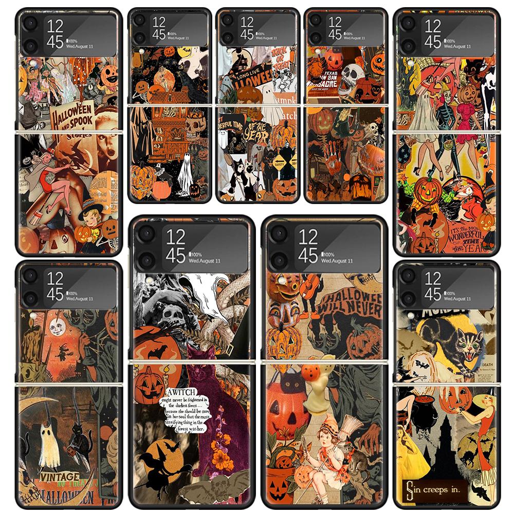 Halloween Fall Art Witch Cat Clear Phone Case For Samsung Z Flip 7 6 5 4 3 Galaxy ZFlip7 ZFlip6 ZFlip5 ZFlip4 ZFlip3 5G Print Co