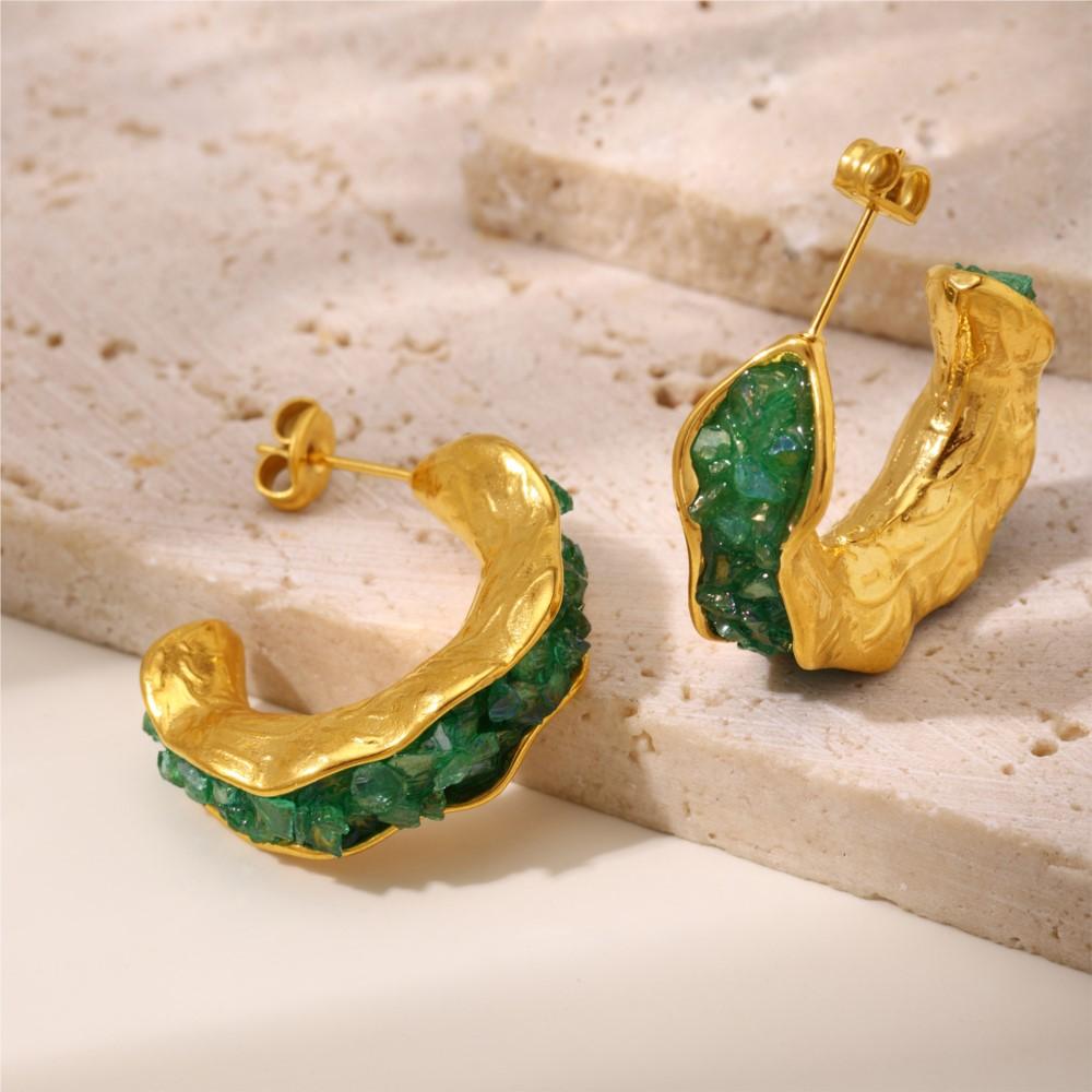 Fashion Colorful Crystal C-shaped Earrings For Women Stainless Steel Gold-plated Luxury Earrings Female Bohemia Zircon Gifts