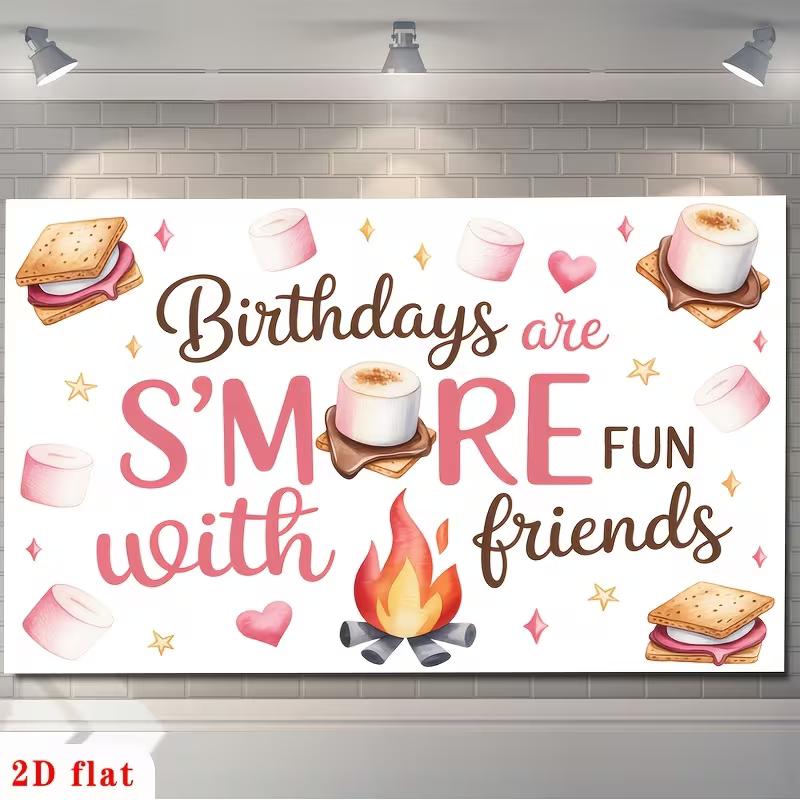

2D Campfire S mores Party Backdrop, Cute Marshmallow Birthday Background Cloth 47.2x31.5inch/120*80cm