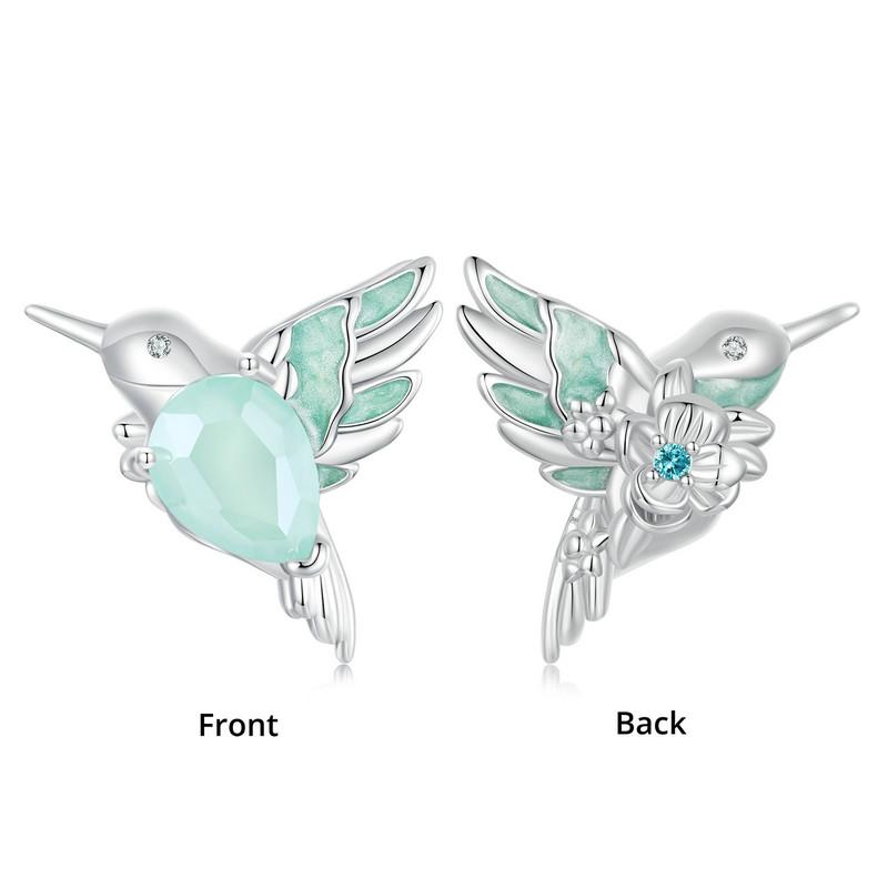 WOSTU 925 Silver Different Side Enamel Hummingbird Charm Heart Glass Bird Body Peacock Beads Fit Original Bracelet Gift