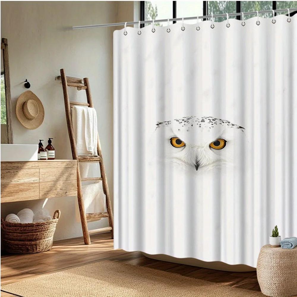 Sneeuwuil Douchegordijn, Witte Uil Met Gele Ogen, Vervaagbestendig Polyester, Machine Wasbaar, Moderne Badkamer Decoratie