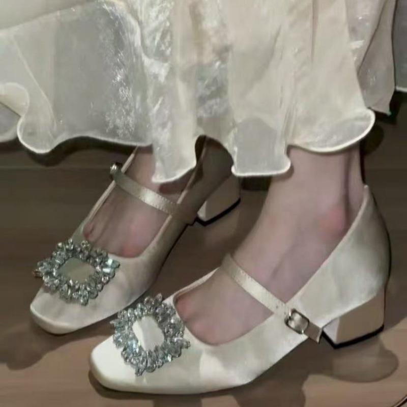 Inside Heightened Kitten Heel Autumn New Square Toe Shallow Mouth Rhinestone Square Buckle One-band Non-slip Single Shoes