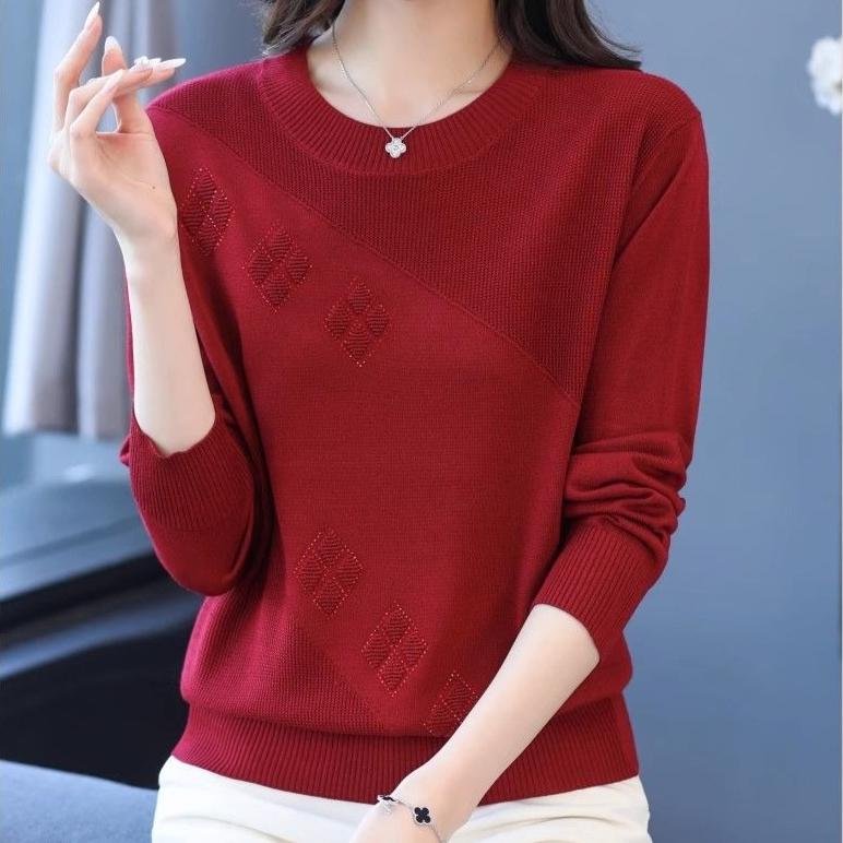 Women's Thin Crew Neck Knit Sweater Spring and Autumn Loose Solid Color Knit Pullover Top