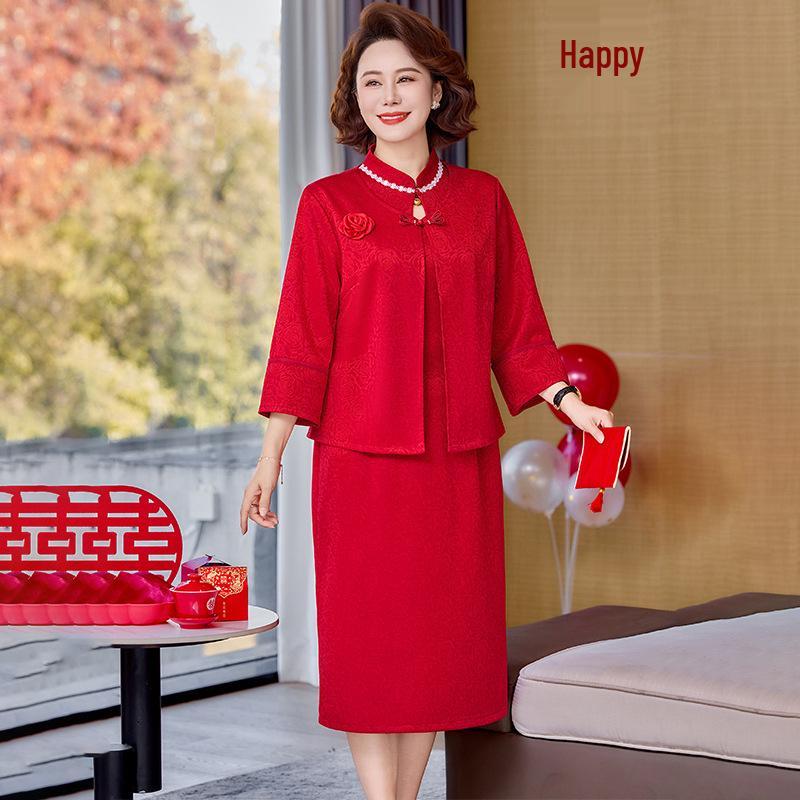 Autumn/Winter Red Mother-in-law Qipao Two-Piece Set for Middle-Aged Women XL (100-110 lbs) ярко-красный