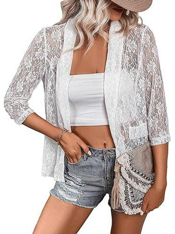 Spring Women's Elegant Lace Cardigan Top with Three-Quarter Sleeves