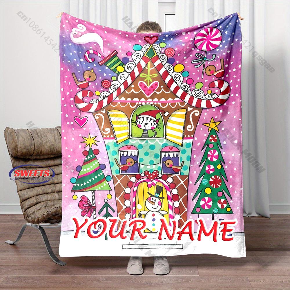 Custom Name Cartoon Gingerbread House Christmas Blanket Hand Painted Colorful Xmas Tree Cat Flannel Blanket S Home Decor