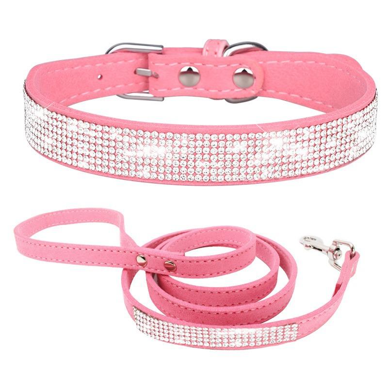 Pet collar point drill rhinestone neck ring microfiber medium and small dog cat collar leash walking dog leash set