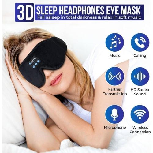 Light-blocking eye mask with earphones and headphones for a restful sleep. Lightweight, 3D design with music function. Perfect for naps, naps, and tra