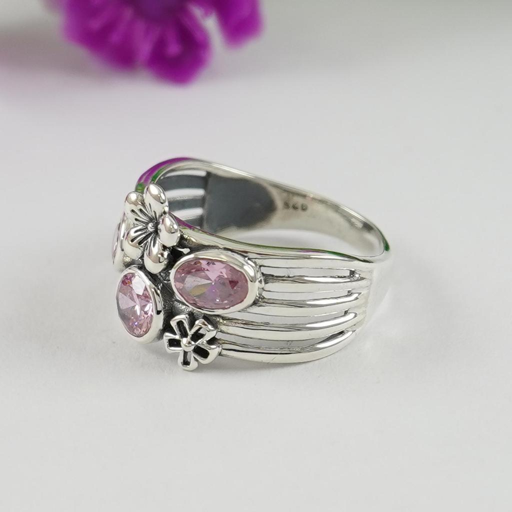 Rosa Kubisk Zirkonia Ring, 925 Sterling Silver Ring, Handgjord Multi-stens Löftesring, Boho Ring