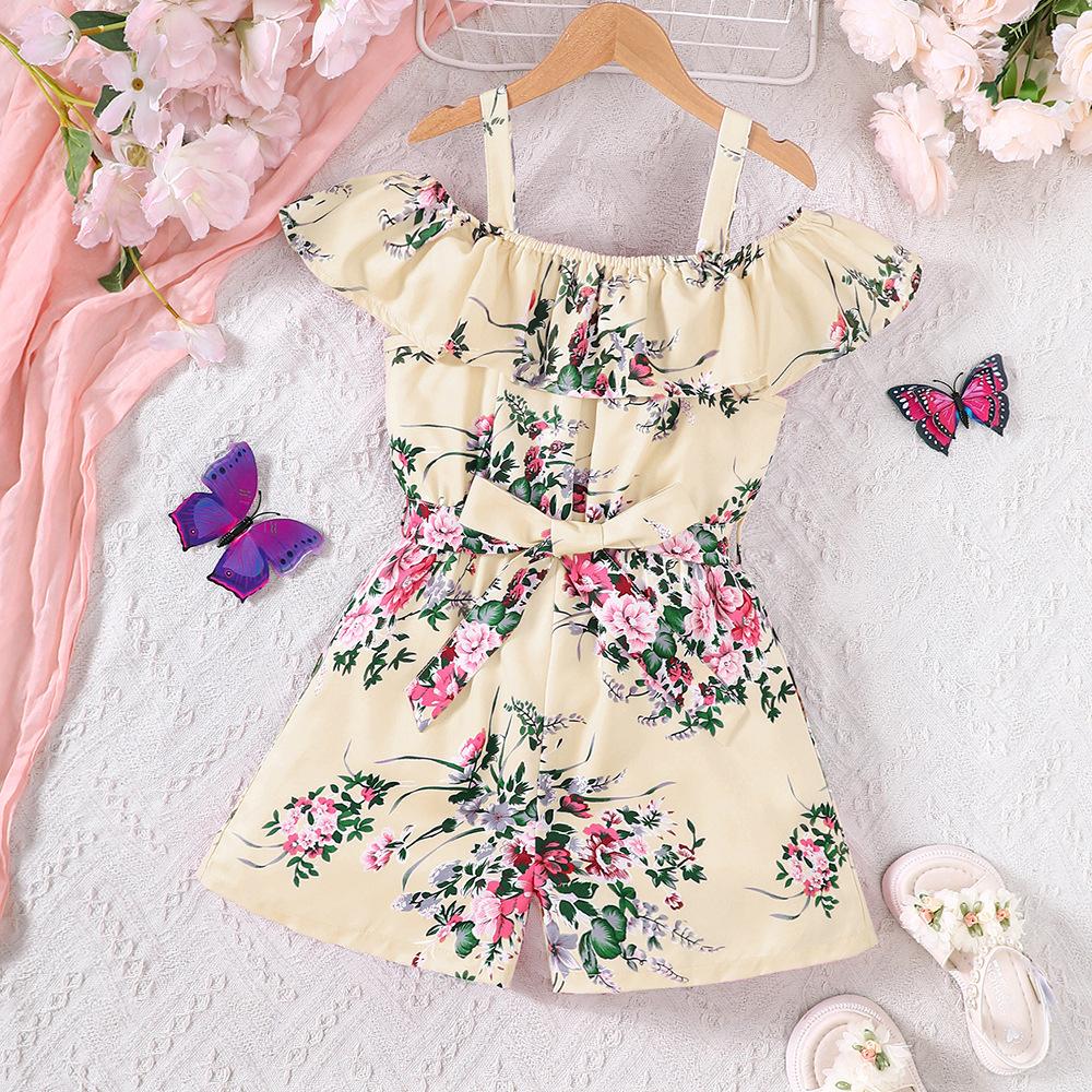 Children's Clothing New Arrival for Girls Summer Resort Style Ruffled Floral Jumpsuit
